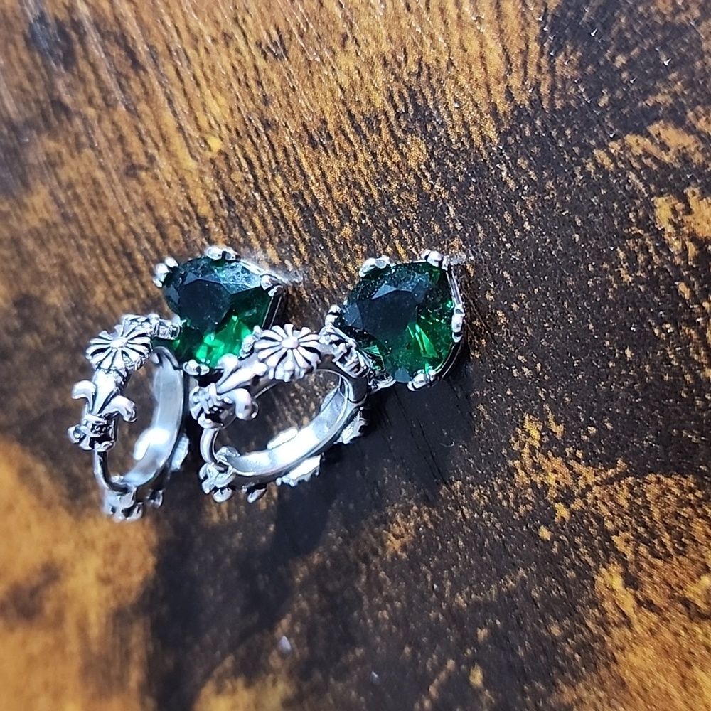 FIRM PRICE Emerald Green Heart Earrings in Silver Setting